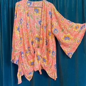 Forever 21 Coral Floral Kimono Blouse with Blue & Yellow Flowers